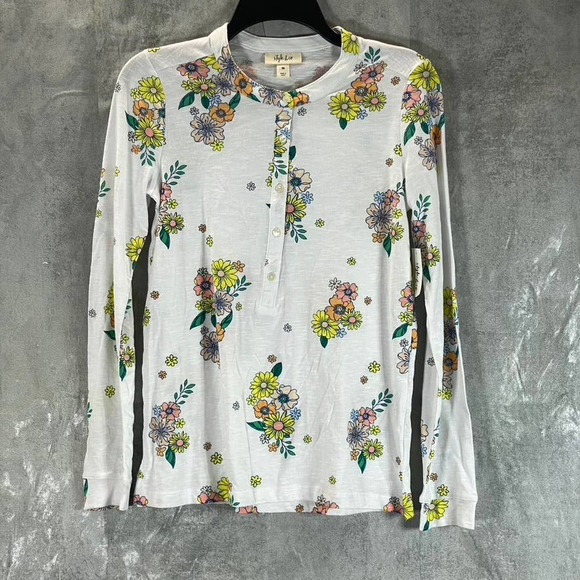 Style & Co. Tops - Style & Co Women's Retro White Floral-Print Cotton Long-Sleeve Henley Top SZ XS